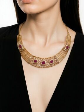 Elegant Gold-Tone Necklace & Earring Set with Ruby-Colored Accents